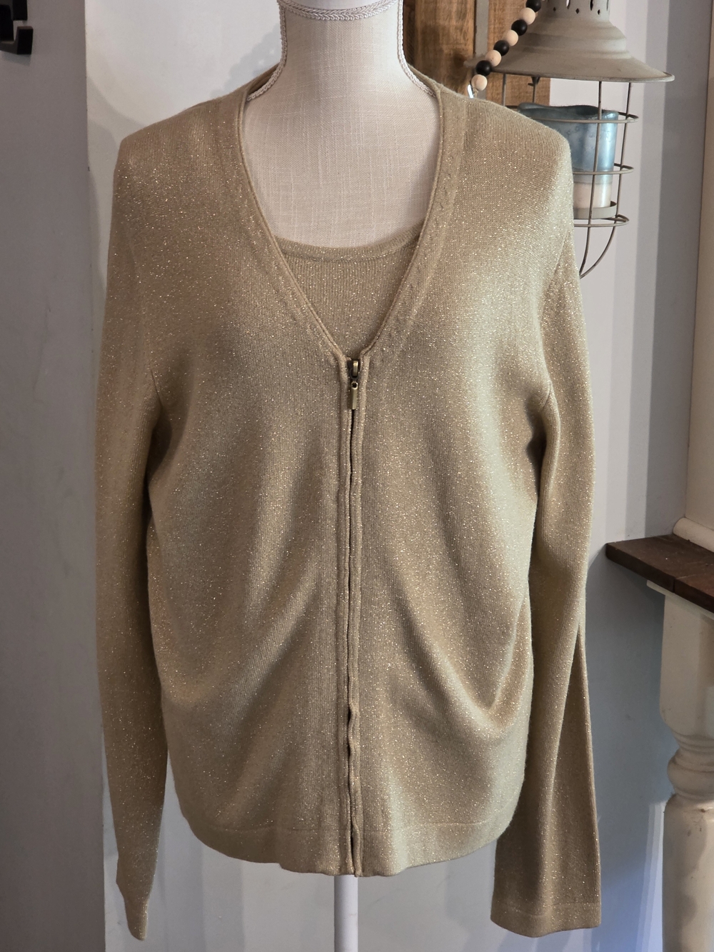 Liz Claiborne 2 In 1 Gold Shimmer V-Neck Women’s Cardigan Sweater